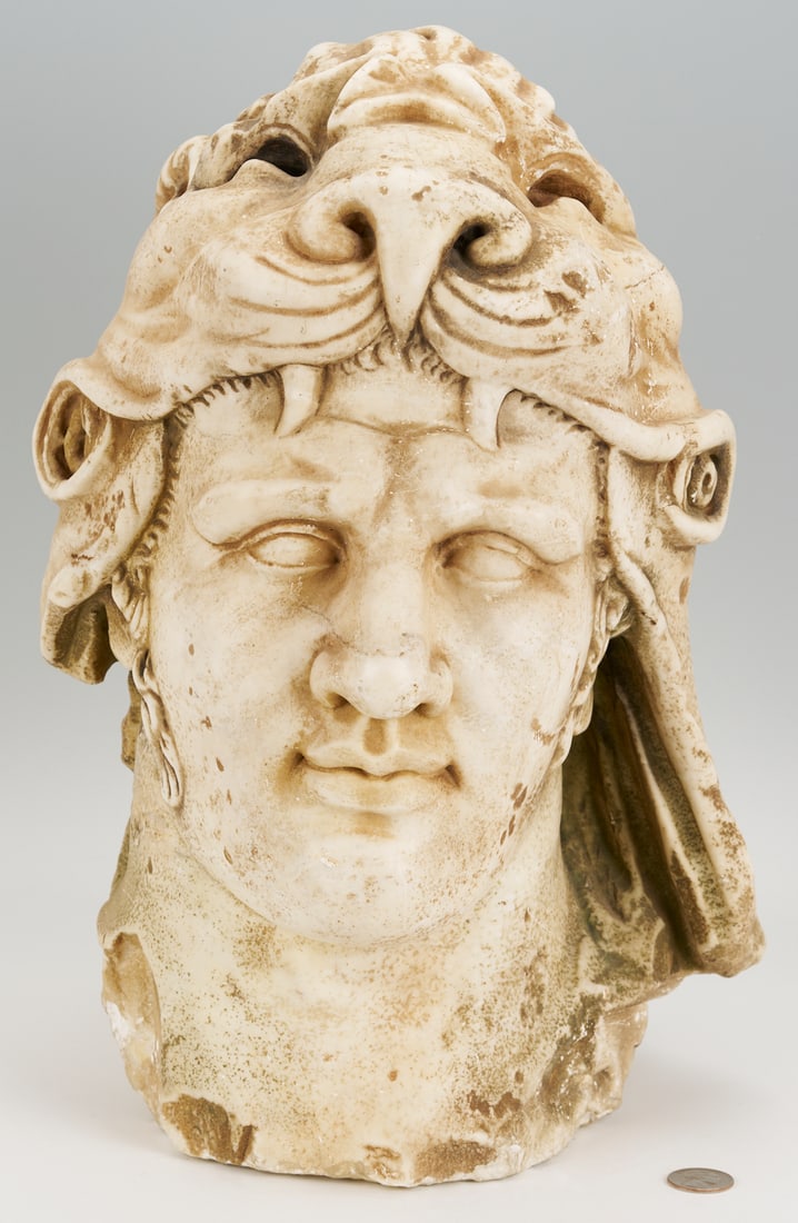Marble Sculpture of Hercules Wearing the Nemean Lion Skin, Mithridates VI: Continental, likely Greek or Italian carved marble sculpture head of Heracles (Hercules) wearing the carcass of the Nemean Lion, after the 1st century Roman Imperial portrait of the King of Pontus Mit