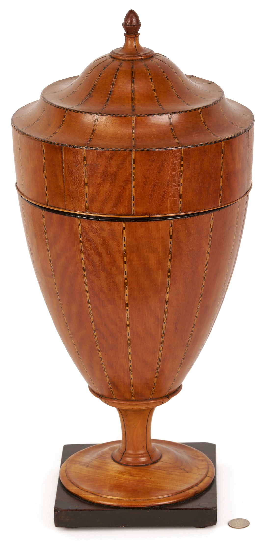 English Satinwood Inlaid Knife Box: Neoclassical style satinwood knife box, urn form with vertical bands of inlay, resting on a turned pedestal base. Acorn finial atop a cover lifting to reveal a fitted interior. 26 in. H x approx. 10 i