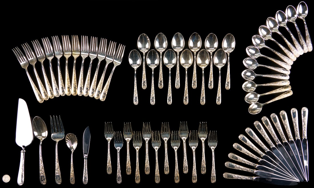 65 Pcs. Kirk Sterling Flatware, Old Maryland (1 of 9)