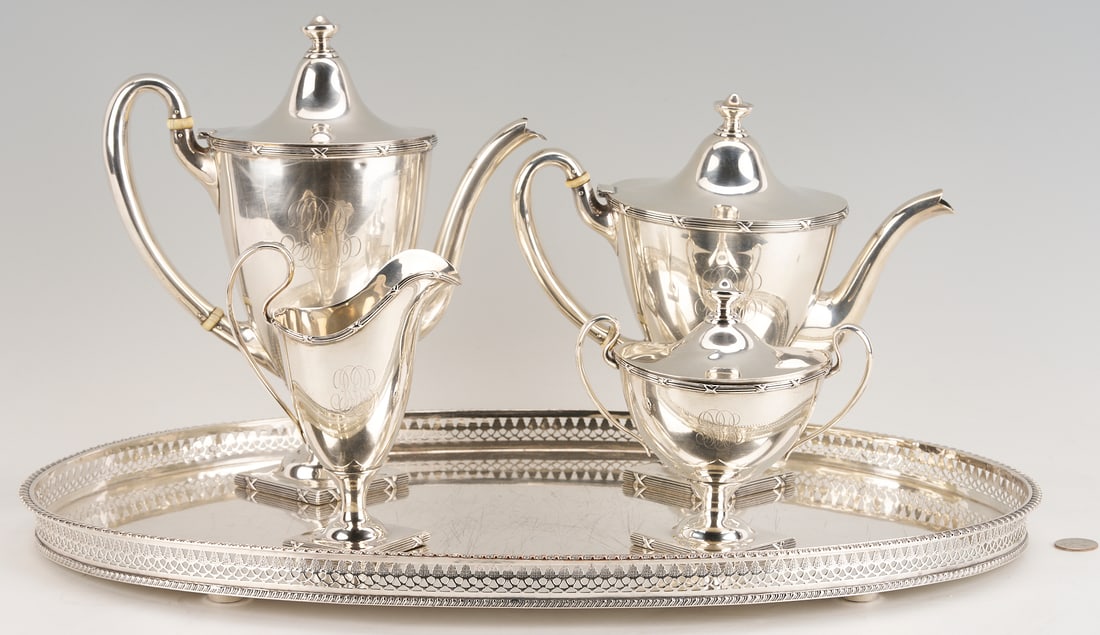 4 pc Mauser Sterling Silver Tea Set plus Silverplated Tray (1 of 20)