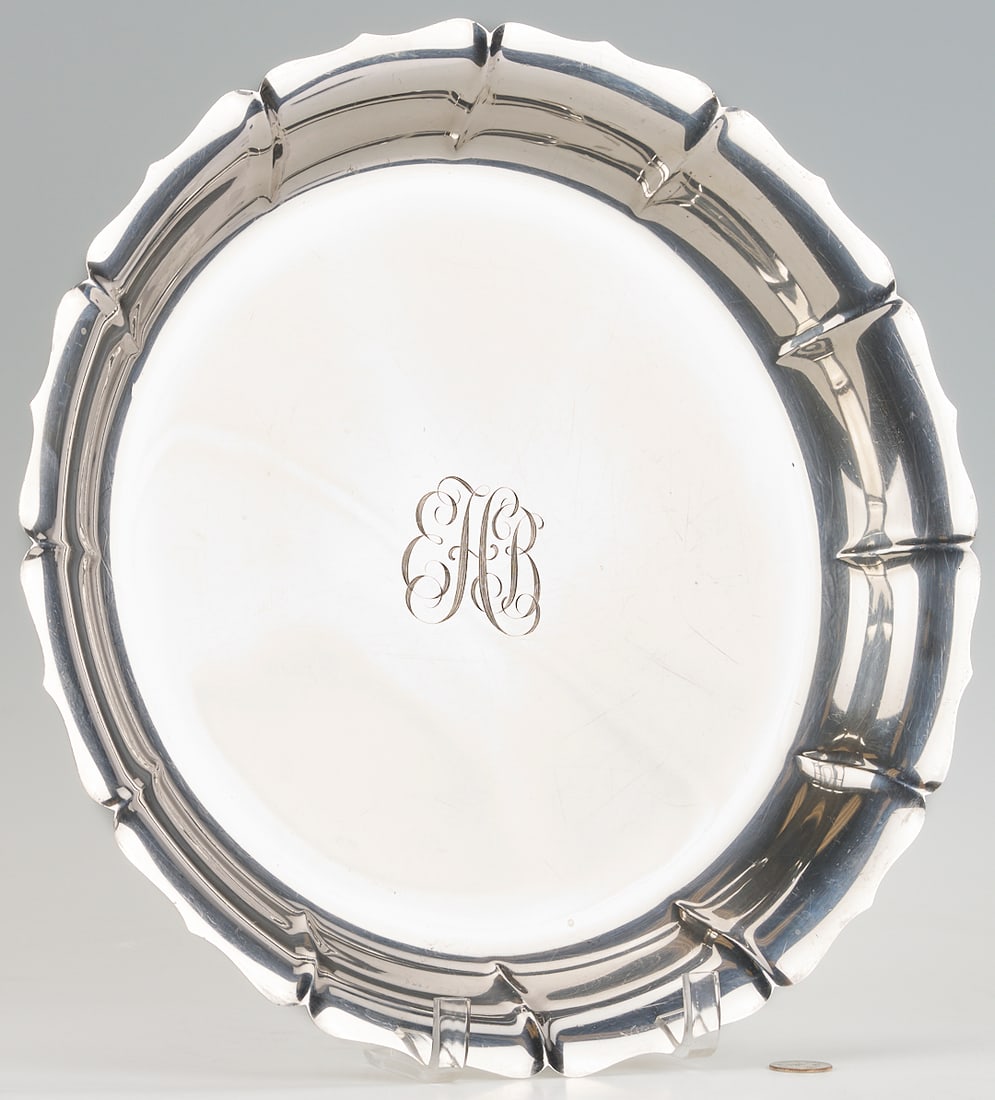 Dublin Pattern Sterling Silver Tray or Low Bowl: Large mid-century modern sterling silver tray or low bowl in the Dublin pattern by Worden-Munnis Silver Co., with deep scalloped and fluted sides. Monogram EHB to center. 16 in. diameter. 59.67 o