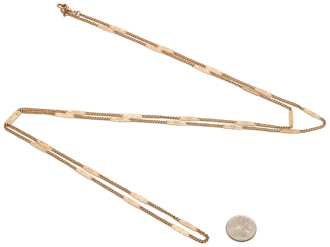 Antique 14K Rose Gold Watch Chain, 56 in. L: 14K rose gold watch chain featuring engraved rectangular bars interspersed with small curb links with a swivel clasp. The clasp is marked 14K and XRF tests 14K. 56 in. L. 42.33 total grams. Additional
