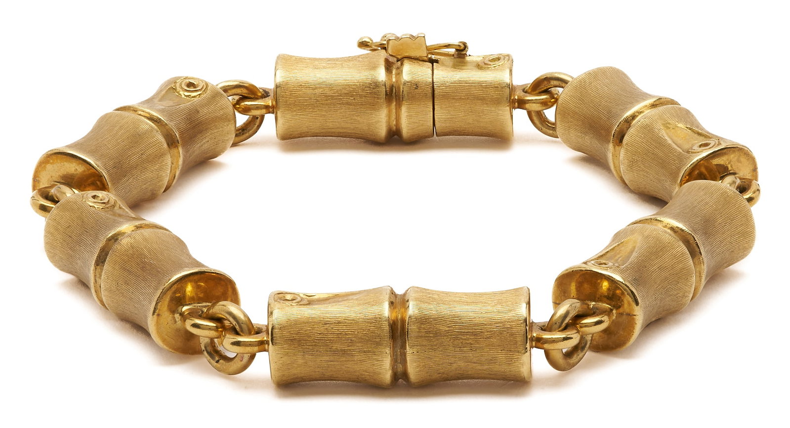 18K Italian Yellow Gold Bamboo Link Bracelet: 18K Italian brushed yellow gold bamboo link bracelet with 14K yellow gold safety chain. Bracelet marked "Italy 18K" and XRF tests 18K. 8 in. L. 30.75 grams. Additional high-resolution 
