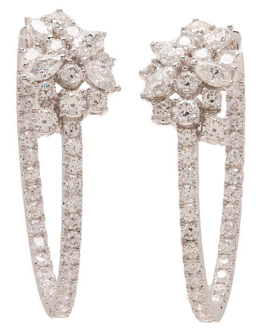 18K White Gold & Diamond Hoop Earrings: Ladies' 18K white gold hoop earrings featuring eighty-six round brilliant and marquise-cut diamonds, approximately 5.57 carats together, VS clarity, G-H color. The earrings are stamped "750" and XRF t