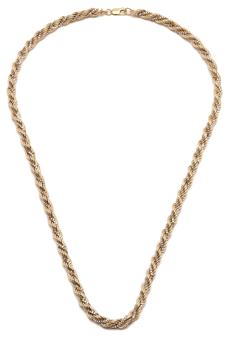 Ladies' 14K Two Tone Rope Chain Necklace, 24": Ladies' 14K yellow and white gold two-strand rope chain style necklace. Clasp marked .585 and the necklace XRF tests 14K. 24 in. total length. 40.8 total grams. Additional high-resolution photos a