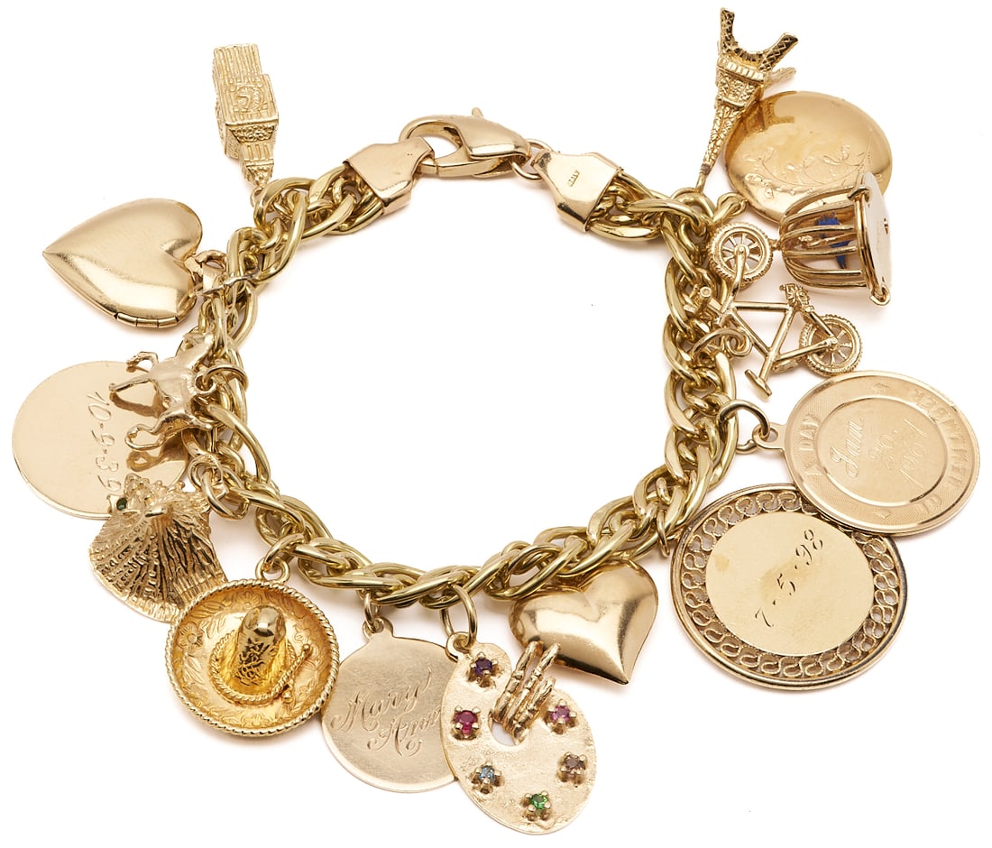 14K Gold Italian Charm Bracelet w/ 15 Charms (1 of 8)