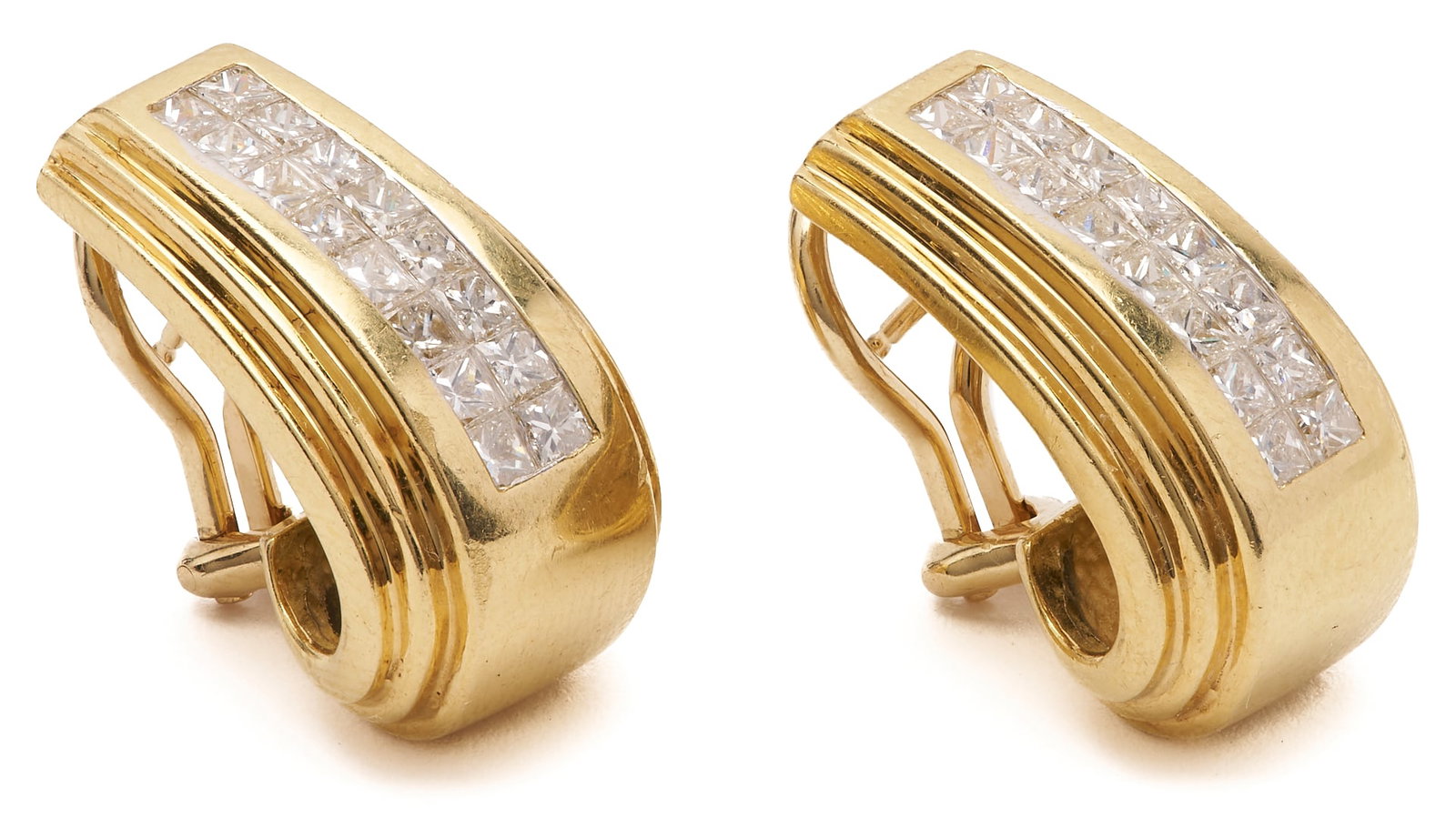 18K & 14K J Style Invisibly Princess Cut Diamond Earrings: Pair of 18K and 14K yellow gold J-style earrings, featuring thirty-two (32) invisibly set princess cut diamonds totaling approximately 2.25 carats, graded approximately G-H color and VS2-SI1