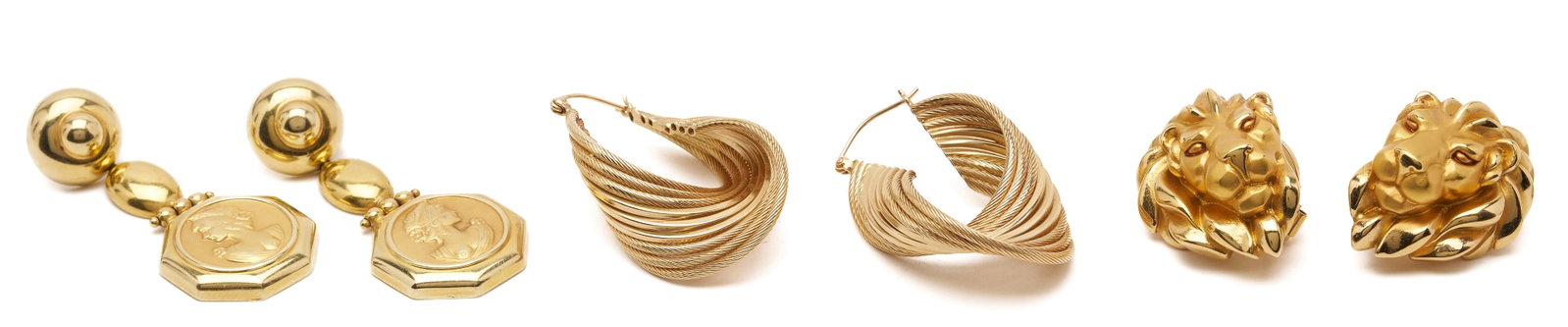 3 Pairs Ladies' Vintage Yellow Gold Earrings, 18K & 14K: 1st item: Pair of 18K yellow gold lion head earrings with omega backs, likely Italian, marked .750 with maker's hallmarks; XRF test 18K. 1 in. H. 8.2 gross grams. 2nd item: Pair of 14K yellow