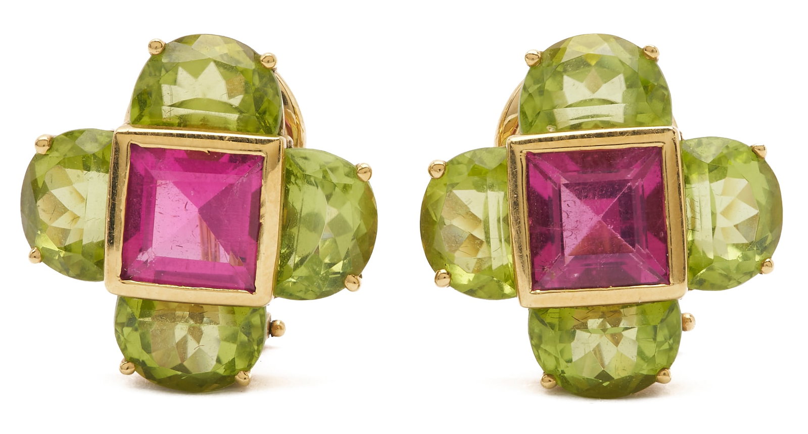 Pair of 18K Tourmaline & Peridot Earrings: Pair of 18K yellow gold earrings featuring bezel-set square step-cut pink tourmalines accented by prong-set half-moon peridots. Completed with omega backs and posts. Marked patent pending. 3/4 in