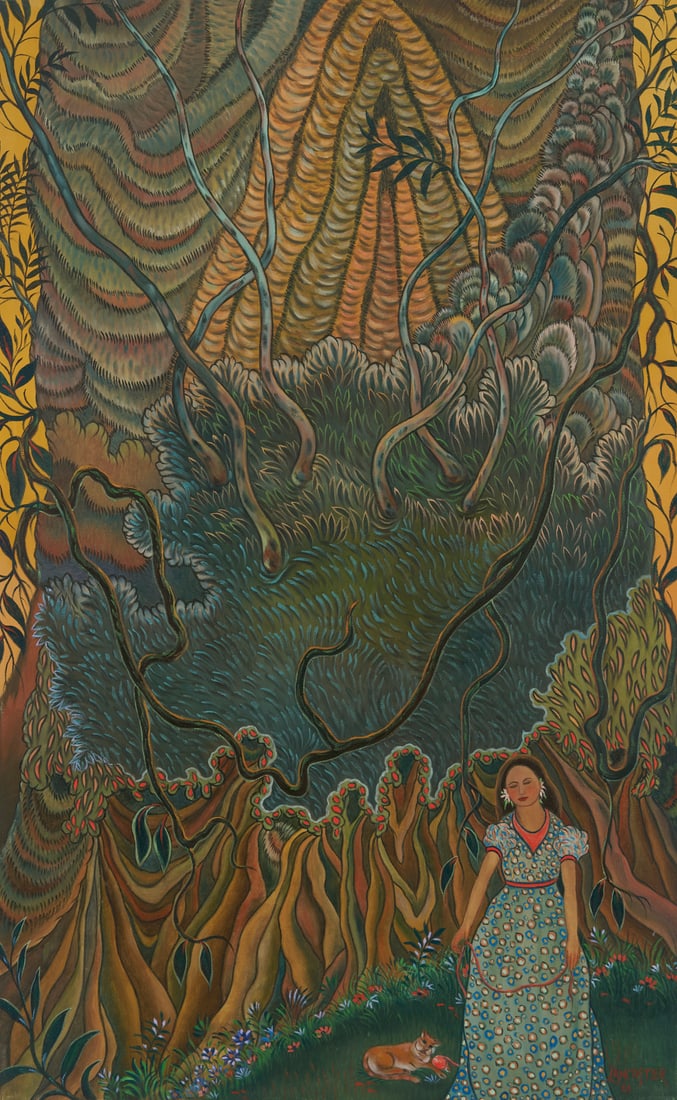 Paul Lancaster O/C Painting, Woman and Cat in Landscape (1 of 9)