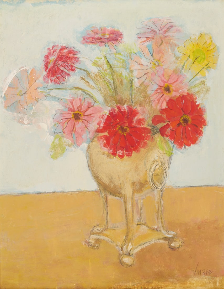 Charles Inzer O/B Floral Still LIfe: Charles Inzer (Tennessee, active late 20th c.) oil and pencil on board, modernist still-life painting of pink, red, and yellow flowers in a footed vessel. Signed lower right. Framed in an an