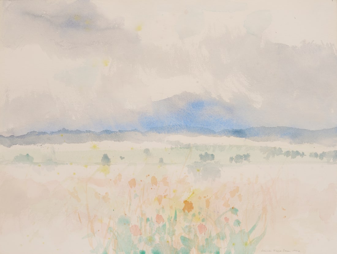 Joanna Higgs Ross East Tennessee W/C Landscape Painting, Cades Cove: Joanna Higgs Ross (Tennessee, 1934-2025) watercolor landscape painting that depicts a cloudy day in Cades Cove with the Great Smoky Mountains in the distance and a spray of colorful flowers in the for