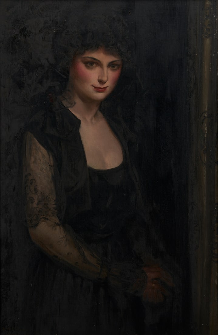 John Alberts O/C Portrait of a Woman in Black: John Bernard Alberts, Jr. (Kentucky, 1886-1931) oil on canvas three quarter length portrait of a woman with dark hair and black dress having black lace sleeves, standing beside a black lace 