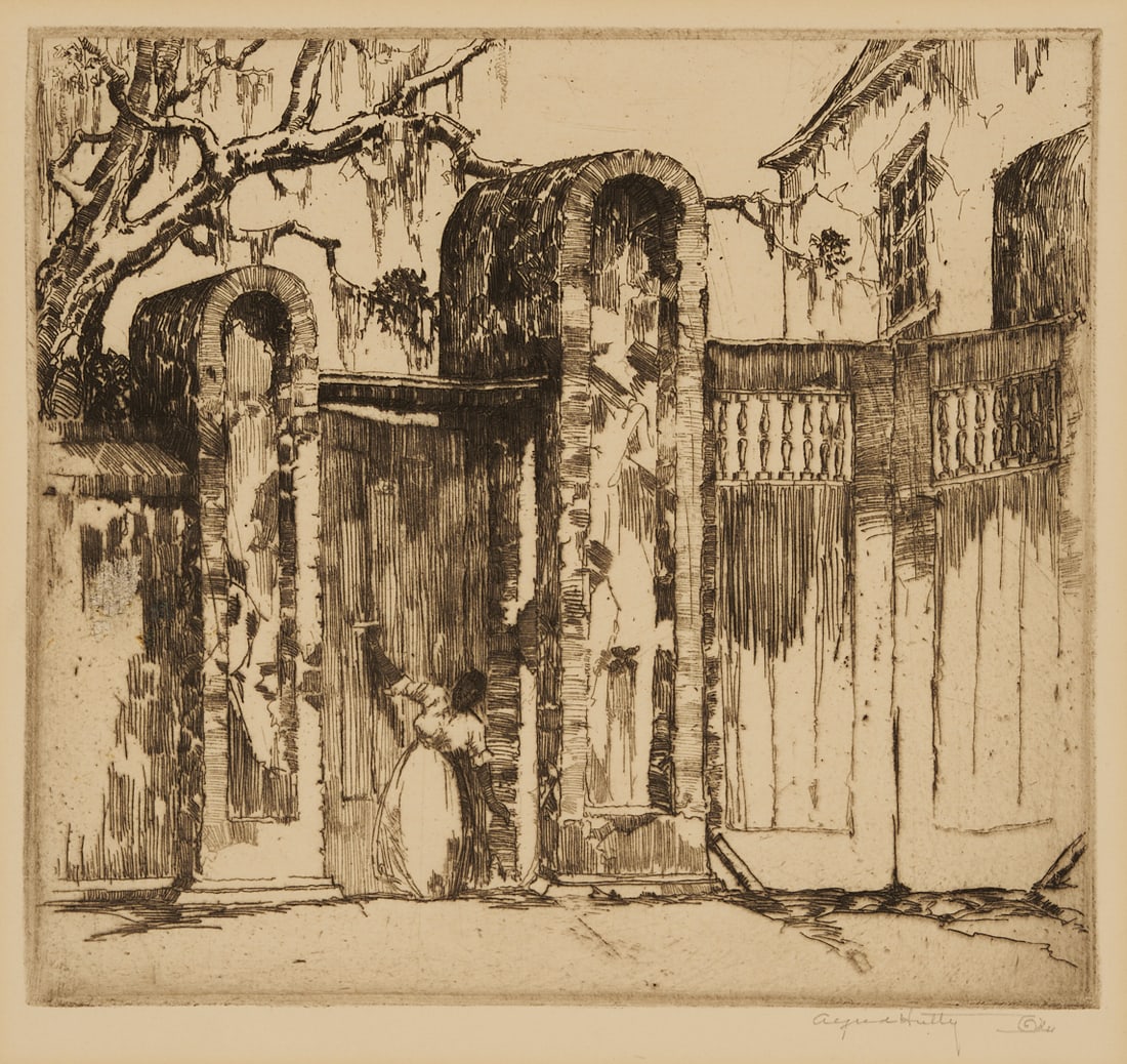 Alfred Hutty Etching, At One Hundred Nine (Tradd Street, Charleston), 1922: Alfred Heber Hutty (Charleston, South Carolina, 1877-1954) etching and drypoint titled “At One Hundred Nine." An African-American woman cleans the wall before 109 Tradd Street, Charleston, 