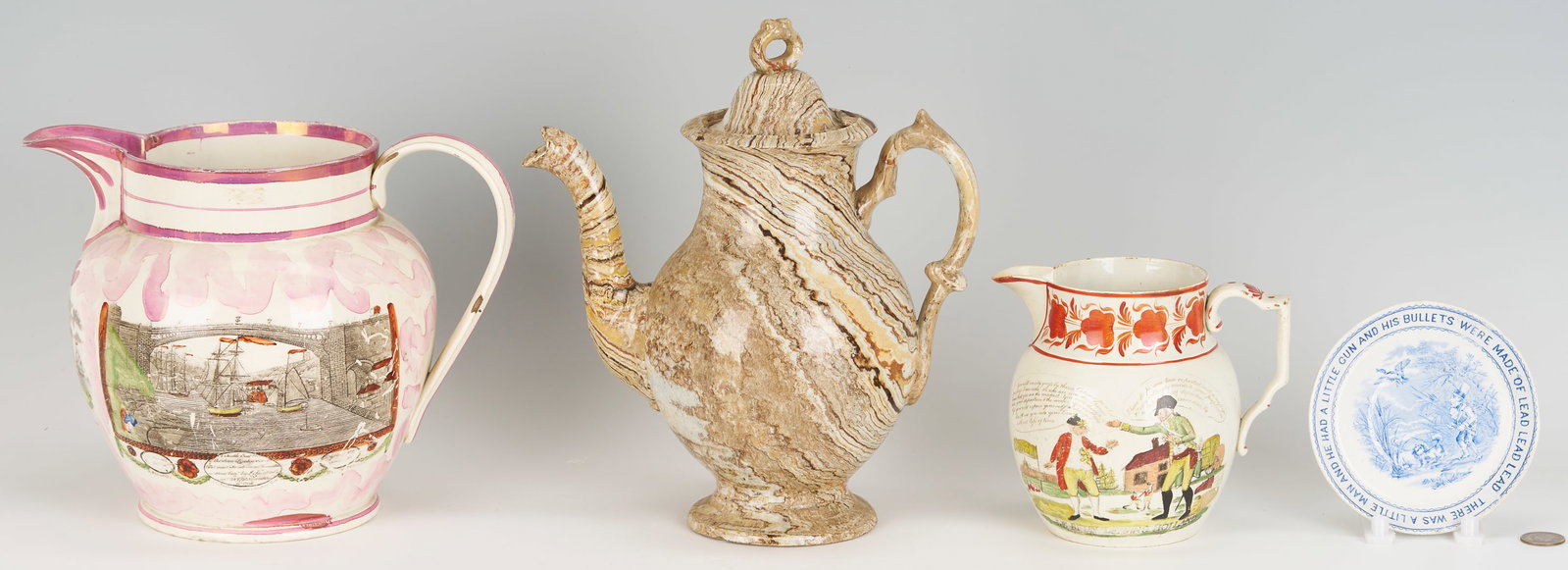 Agateware Teapot, Staffordshire Dish, Creamware & Lustreware Pitchers, 4 pcs (1 of 20)