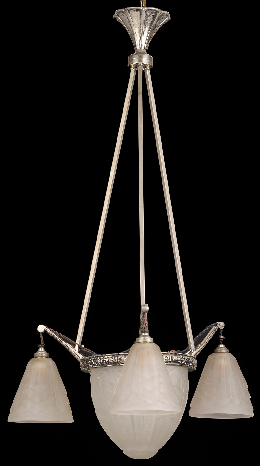 1920's French Art Deco Chandelier, SEVB: French Art Deco chandelier with a white metal frame and embossed ring supporting a molded frosted colorless glass domed shade in the Art Deco style. The fixture is fitted with three arms, each