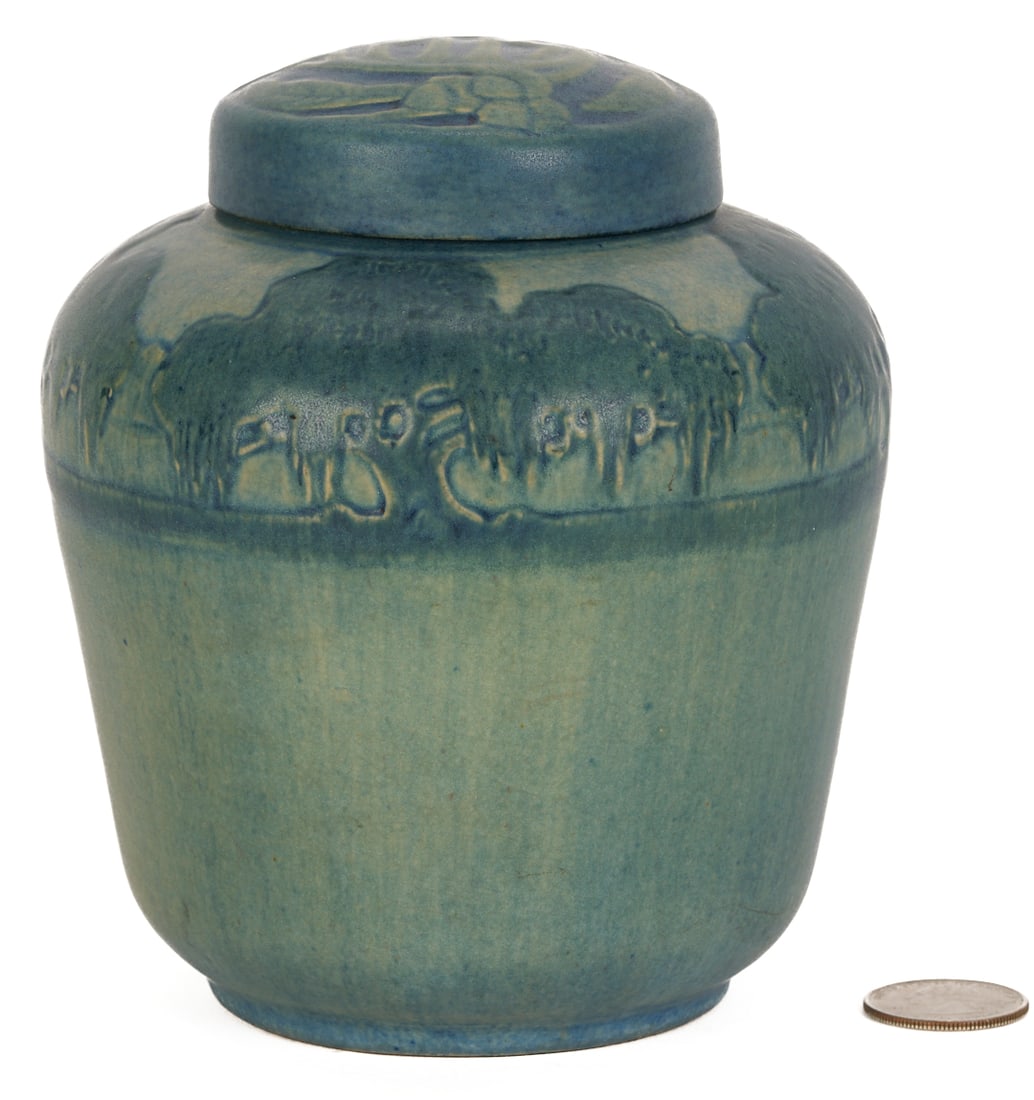 Newcomb College Pottery Covered Jar: Newcomb College Art Pottery Lidded Jar, decorated by Anna Frances Simpson, with a landscape of live oak trees; the lid modeled with the stylized date 1914 along with acorns and oak leaves, and