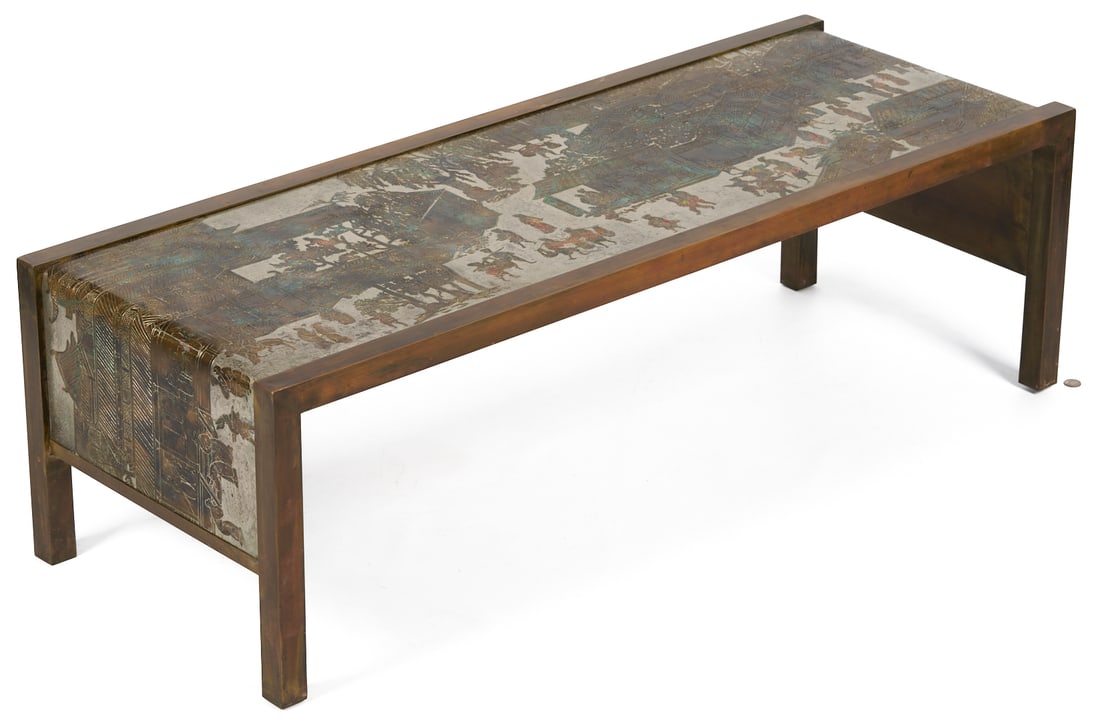 Philip & Kelvin LaVerne Coffee Table, Spring Festival: Philip (1907-1987) and Kelvin LaVerne (1937-2025) Studios "Spring Festival" etched, patinated, and polychromed bronze and pewter coffee table. Rectangular form, designed in the manner of a C