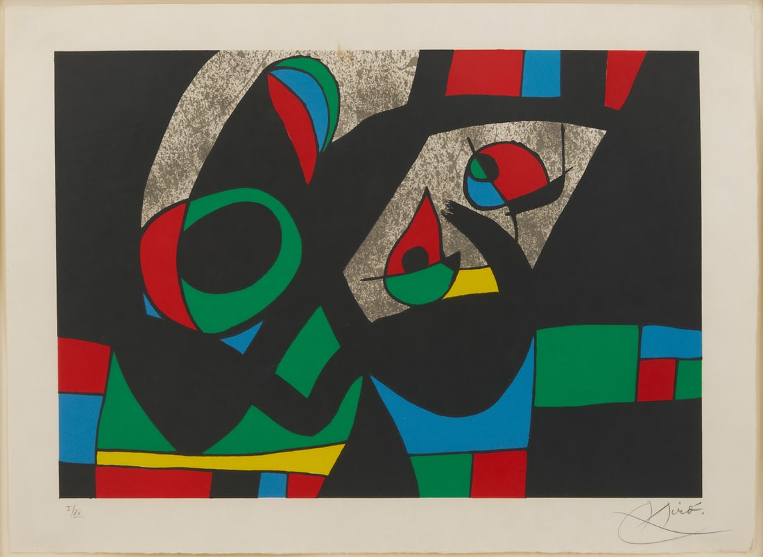 Joan Miro Signed Lithograph, Le Lezard aux Plumes d'Or: Joan Miro (Spanish, 1893-1983) abstract color lithograph on Japan Nacre paper, plate 14 from Le Lezard aux plumes d'or (The Lizard with Golden Feathers). Signed and numbered I/XX in