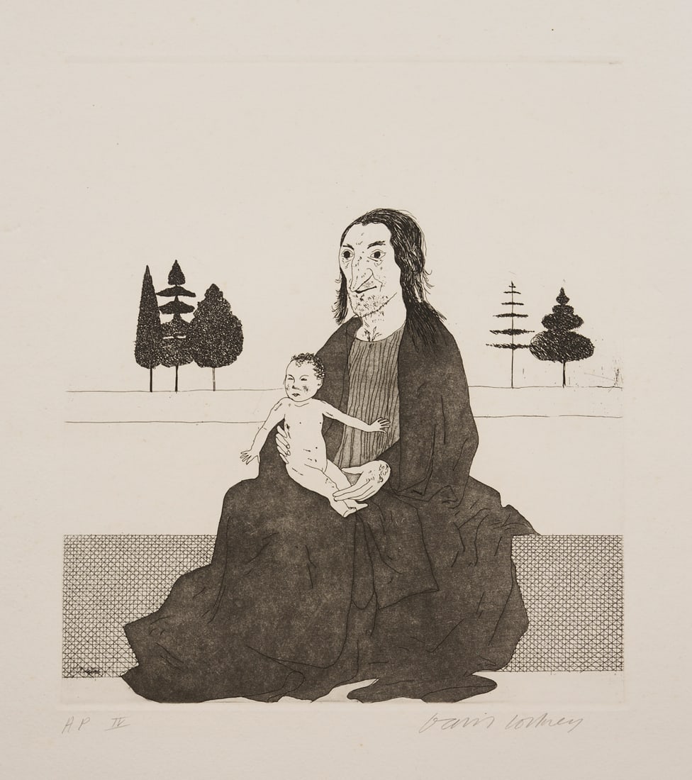 David Hockney Etching, Enchantress w/ Baby Rapunzel from Six Fairy Tales: David Hockney, R.A. (British, 1937-2026) etching and aquatint on Hodgkinson handmade paper watermarked DH PP, "The Enchantress with the Baby Rapunzel" from "Six Fairy Tales from the Brothers Grimm." S