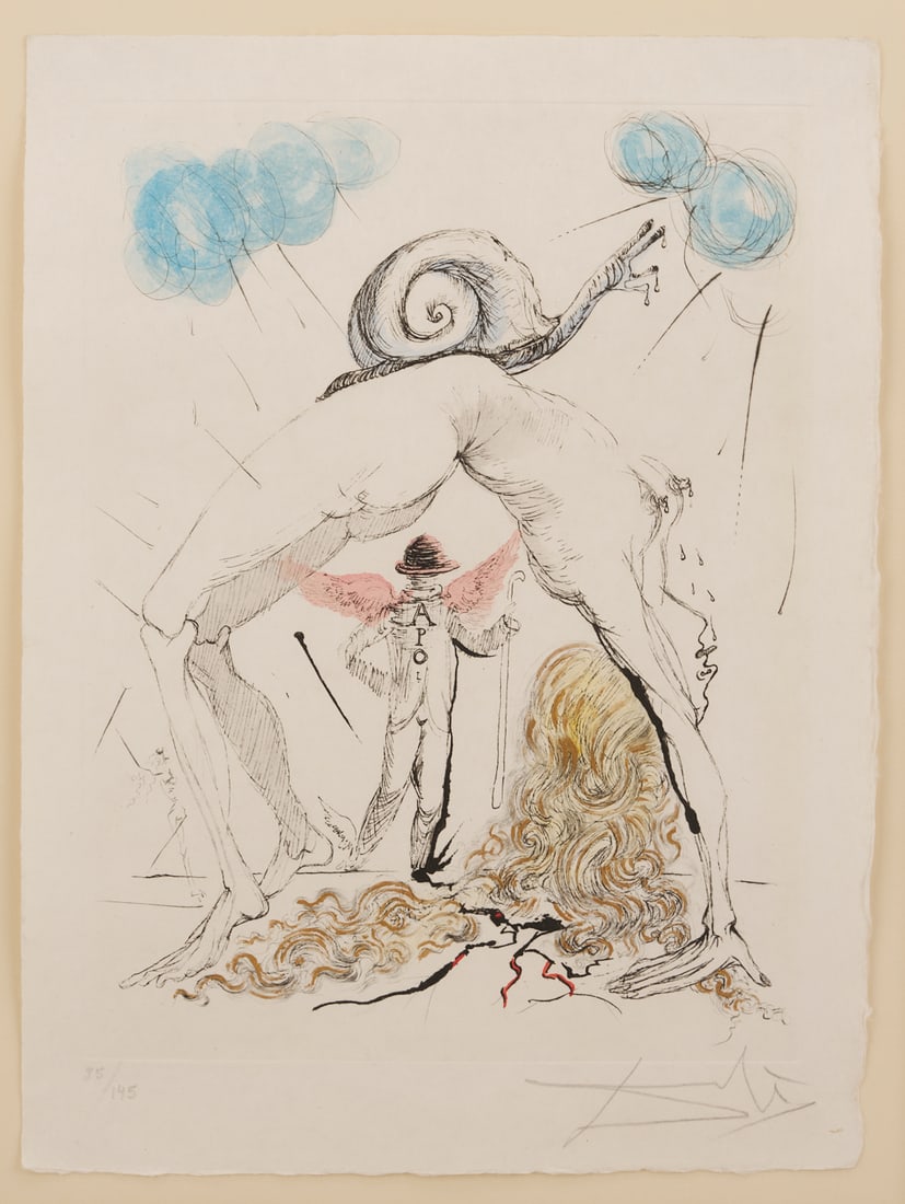 Salvador Dali Signed Etching, Nude w/ Snail from Poemes Secrets: Salvador Dali (Spanish, 1904-1989) drypoint etching with hand coloring on Japon paper, "Nu à l'escargot" (Nude with Snail). From the "Poèmes Secrets" (S