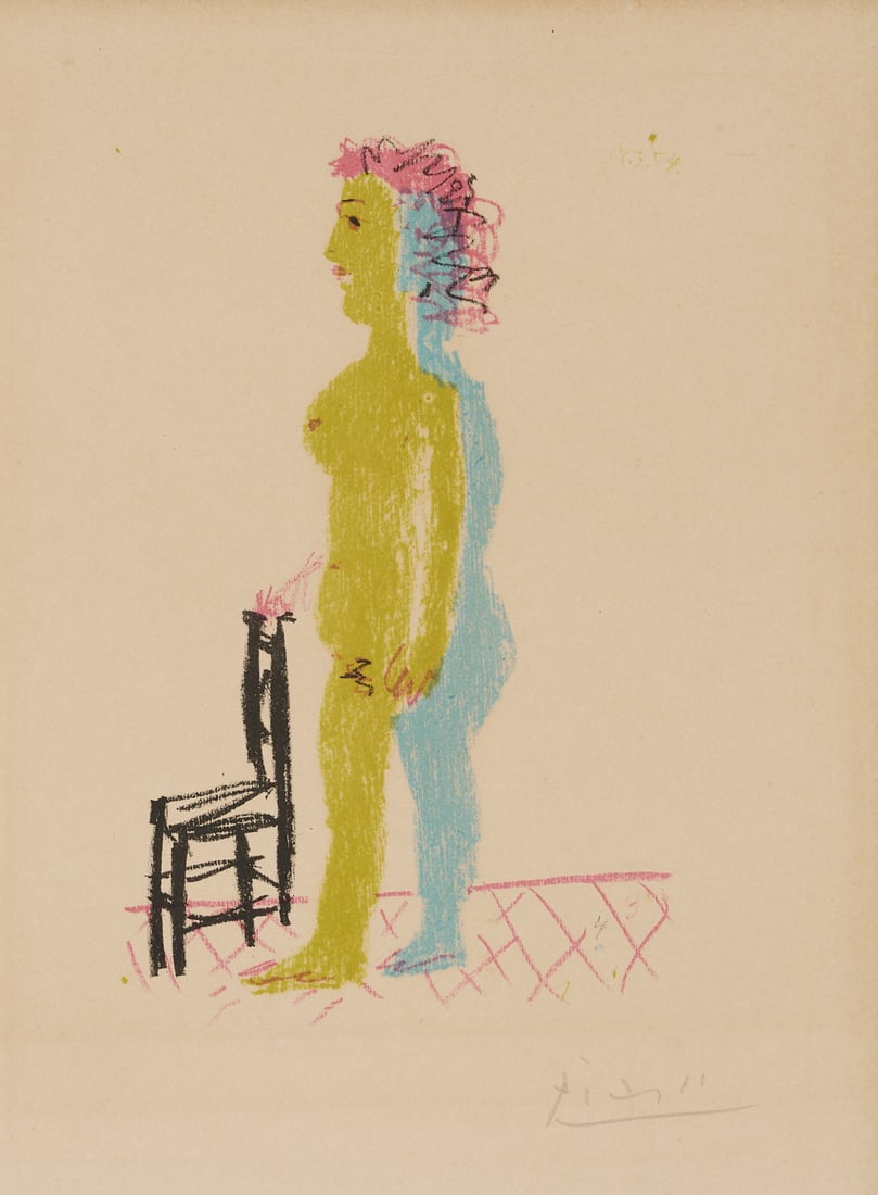 Pablo Picasso Lithograph, Nu a la Chaise, 1954: Pablo Picasso (Spanish, 1881-1973) color lithograph on Arches paper, “Nu a la Chaise” (Nude with Chair). A standing, nude woman shown in profile and rendered in green and blue rests h