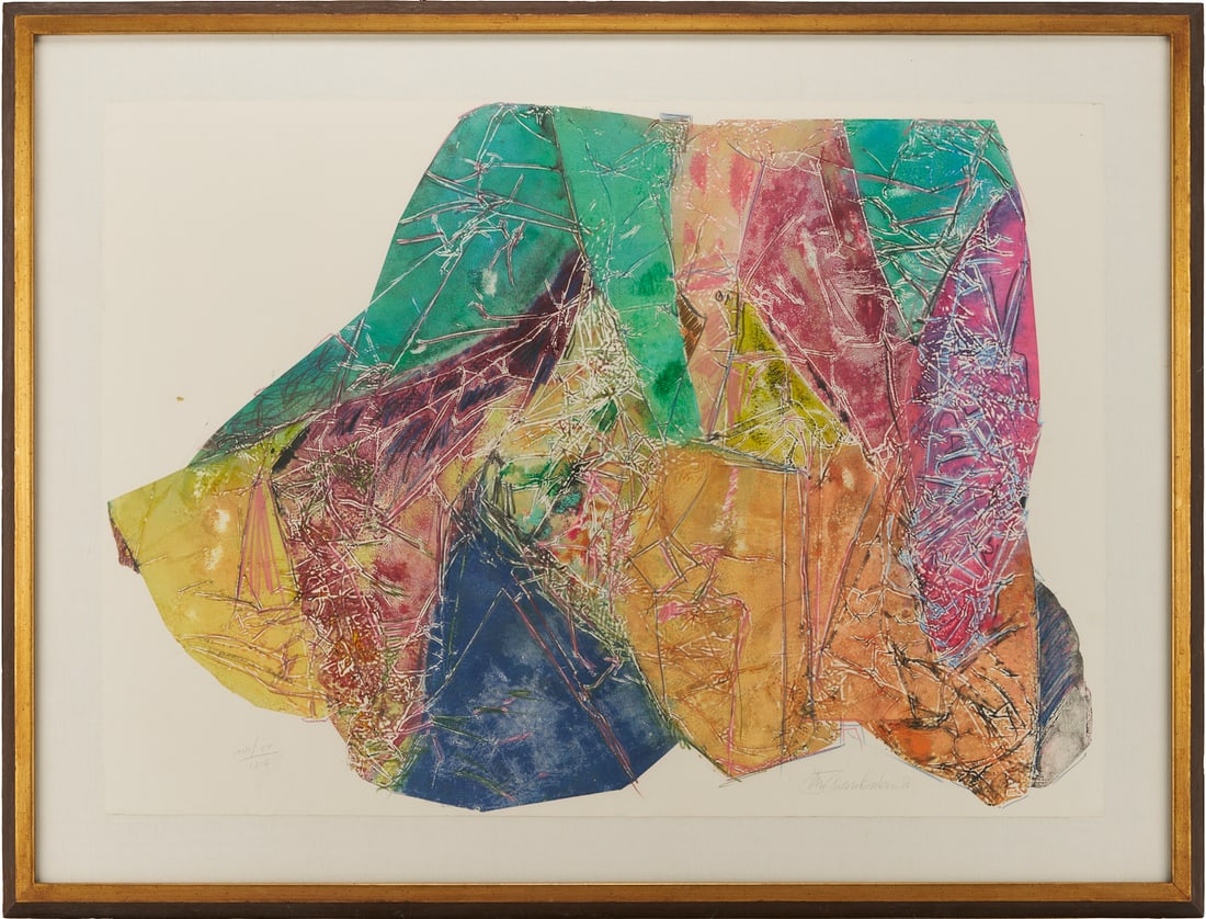 Large John Chamberlain Monotype, T.V. Christmas IMP/CP 1314: John Angus Chamberlain (American, 1927-2011), "T.V. Christmas IMP/CP 1314," 1984, monotype print with lithographic ink and hand coloring in crayon on Arches paper, inscribed in pen