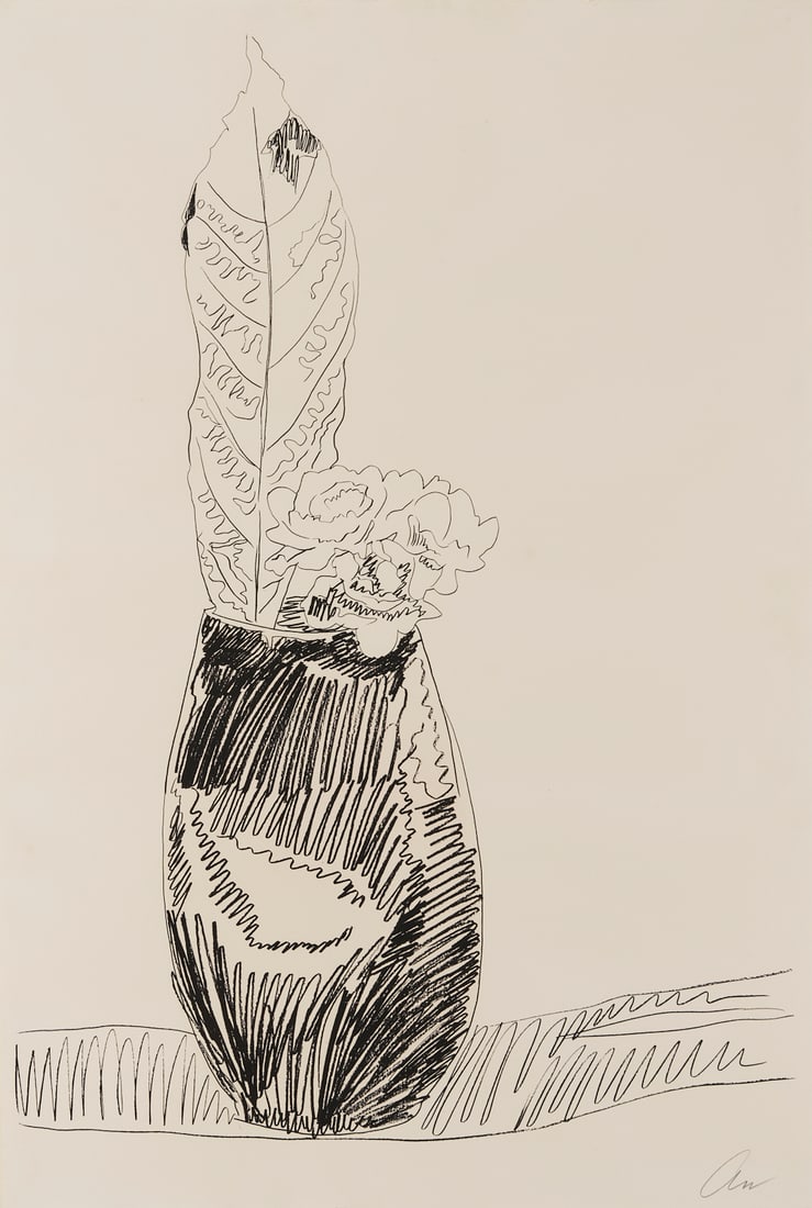 Andy Warhol Signed Screenprint, Flowers (Black and White): Andy Warhol (American, 1928-1987) serigraph in black on J. Green wove paper, "Flowers." Three blossoms and a long leaf extend from the top of a vase described with gestur