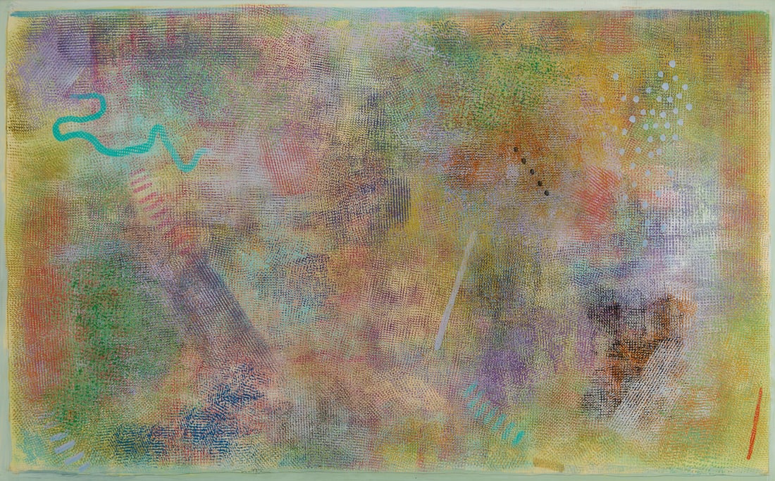 Robert Natkin Abstract Painting, Intimate Lighting #6, 1972/3: Robert Natkin (American/Chicago, 1930-2010), acrylic on wove paper abstract painting, number six from the artist's "Intimate Lighting" series. Organic shapes and fields of vibr