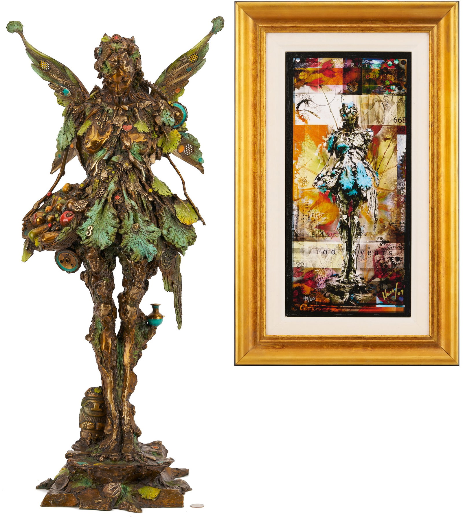 Nano Lopez Large Bronze Sculpture and Giclee, Maria Alma: Nano Lopez (Colombian/American, b. 1955), "Maria Alma," large bronze sculpture with hand-applied patina depicting a winged female figure, embellished with a red heart, leaves, seeds, flowers, and othe