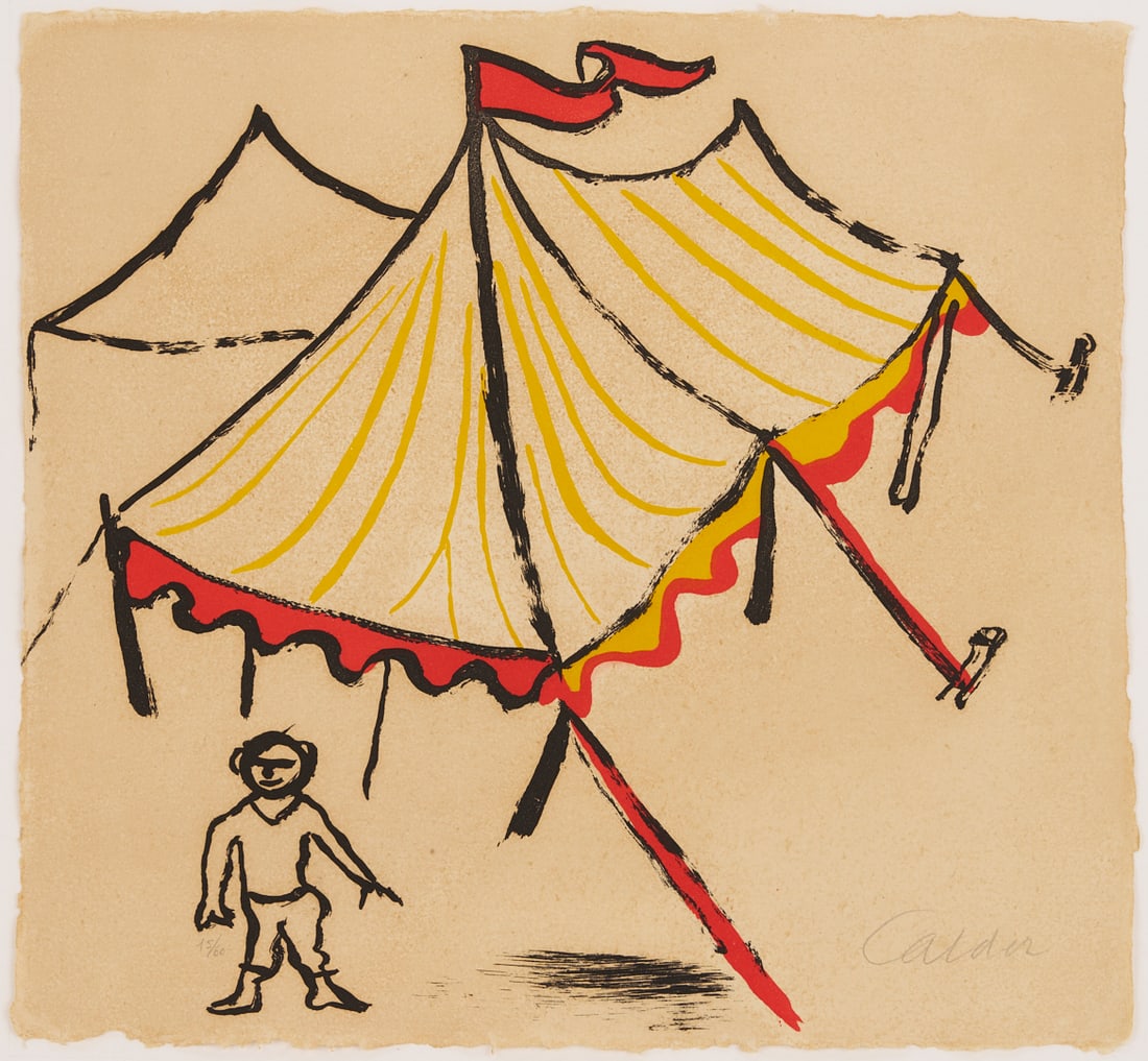Calder Signed Circus Etching, Sacrilege of Alan Kent: Alexander Calder (American, 1898-1976) aquatint etching in colors on handmade wove paper, untitled from "The Sacrilege of Alan Kent." A single figure stands before a yellow-striped circus tent surmoun