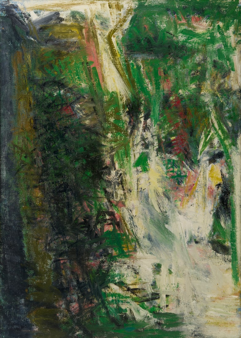 Joanna Higgs Ross Abstract Painting, Waterfall II, 1960: Joanna Higgs Ross (Tennessee, 1934-2025) oil on canvas abstract expressionist painting, "Waterfall, II." Gestural green and black brushwork accented by yellow, pink, and red highlights surro