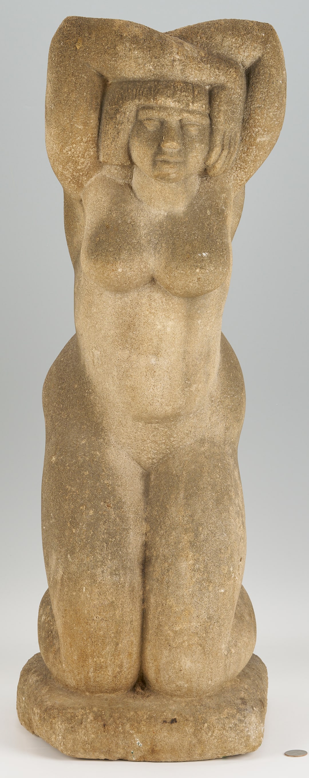 Attrib. Puryear Mims, Limestone Sculpture of Kneeling Woman: Attributed to Thomas Puryear Mims (American/Tennessee, 1906-1975), carved limestone sculpture depicting a voluptuous nude woman, kneeling with arms clasped over her head. Unsigned. 30 in. H x 10 1/2 i