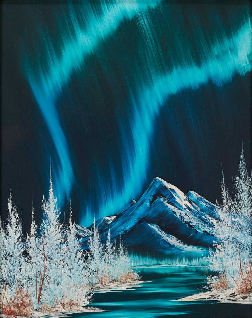Bob Ross Original Oil Painting, Northern Lights: Robert "Bob" Norman Ross (American, 1942-1995) oil on canvas landscape painting depicting the Northern Lights illuminating the night sky over an Alaskan mountain, with snow-covered tree