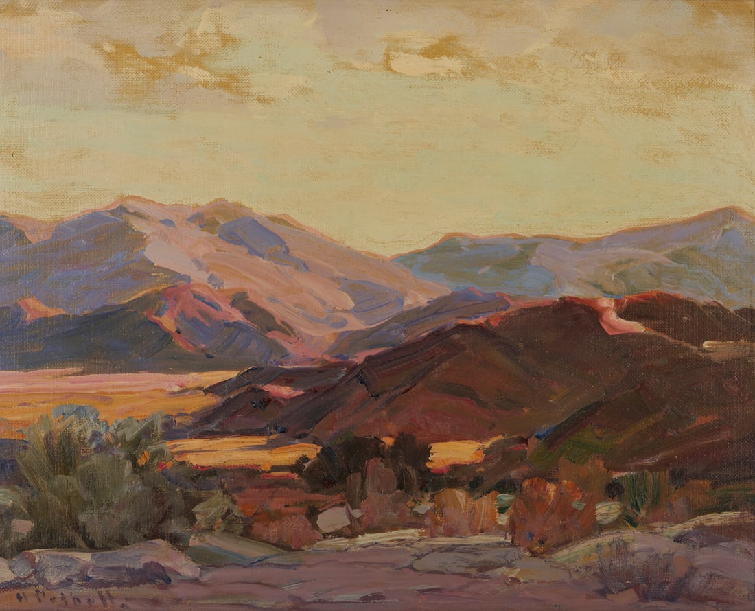 Hanson Puthuff O/B Western Landscape Painting, Desert Gold: Hanson Duvall Puthuff (Missouri/California, 1875-1972) oil on board American Impressionist landscape painting, "Desert Gold." Small plants grow before an expansive desert vista, with purple 