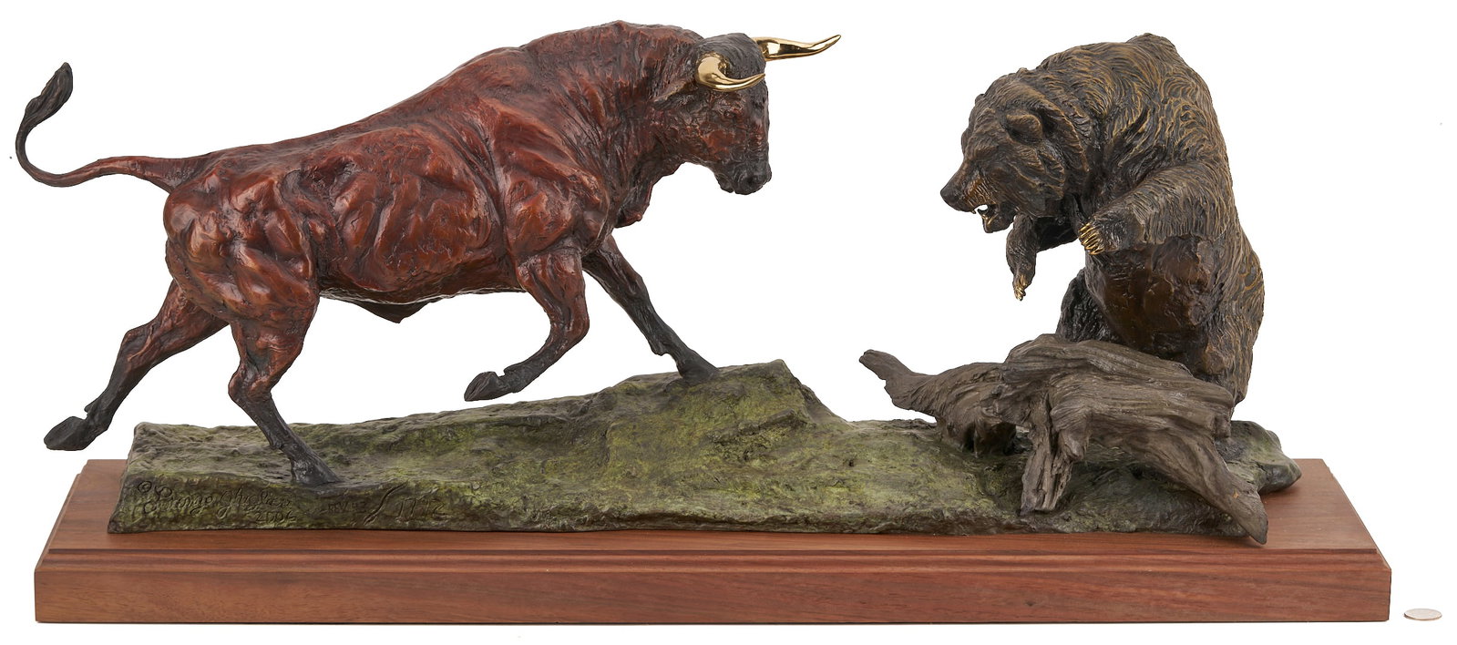 Lorenzo Ghiglieri Bronze Sculpture, Powerful Exchange: Lorenzo E. Ghiglieri (American, 1931-2020), "New Powerful Exchange" polychromed and patinated bronze sculpture depicting a standoff between a bull and a bear in a symbolic representation of the stock 