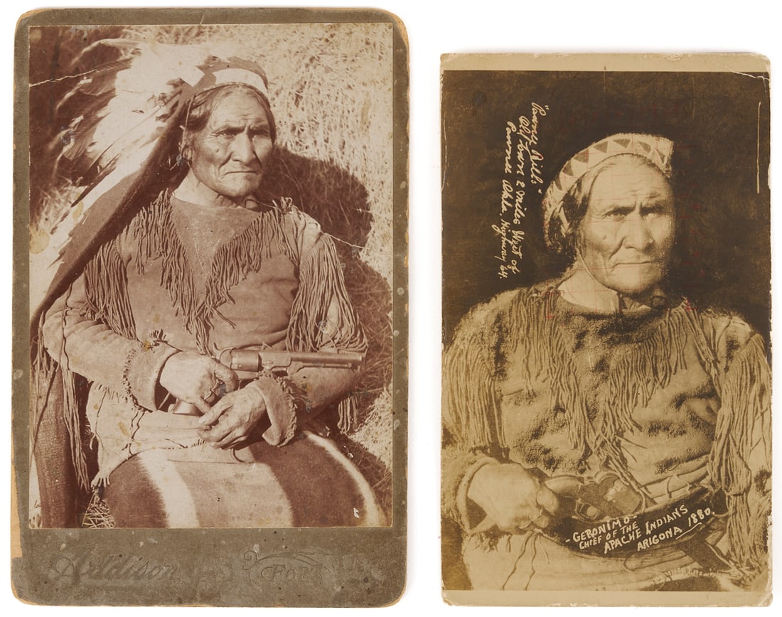 American Indian Cabinet Card, Geronimo w/ Dance Revolver, W.E. Irwin, Plus Postcard (1 of 17)