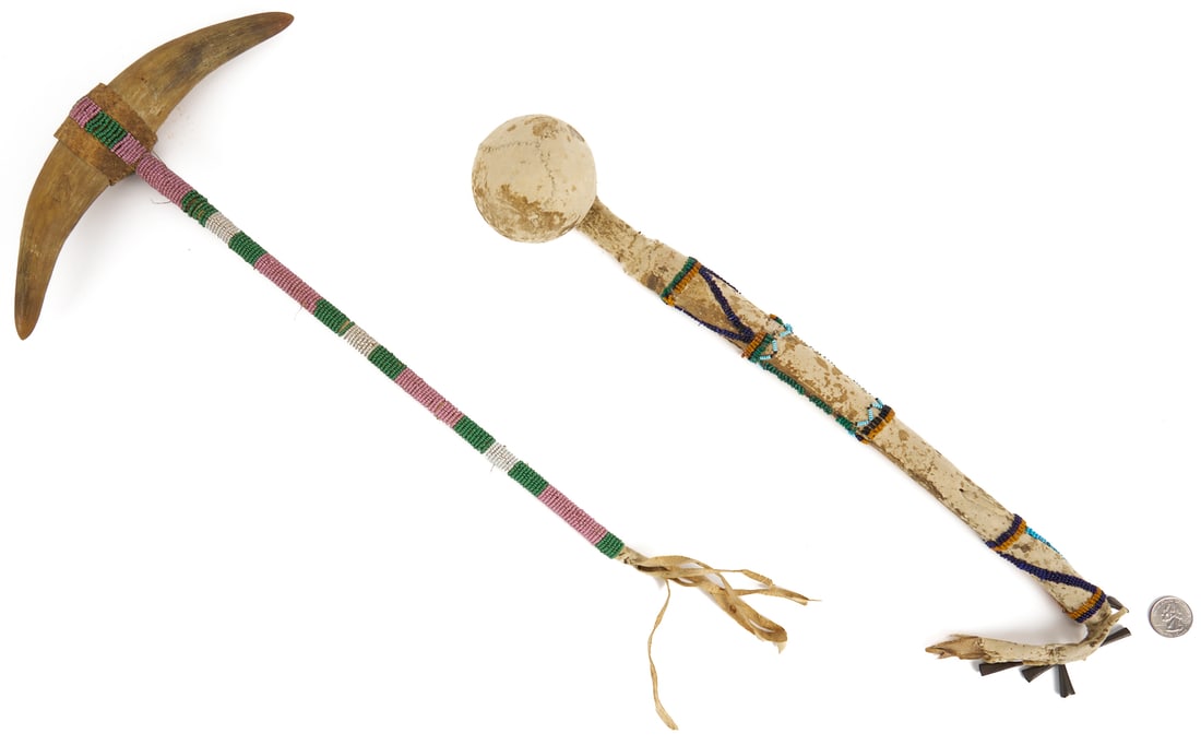 2 Native American Tools: Sioux War Club & Apache Slung Shot Club: 1st item: Sioux war club with the head made from two horns, a hide-wrapped center, and a hide-wrapped wooden handle wrapped with glass seed beads. 21 in. L with hide strings. Late 19th century. 2nd