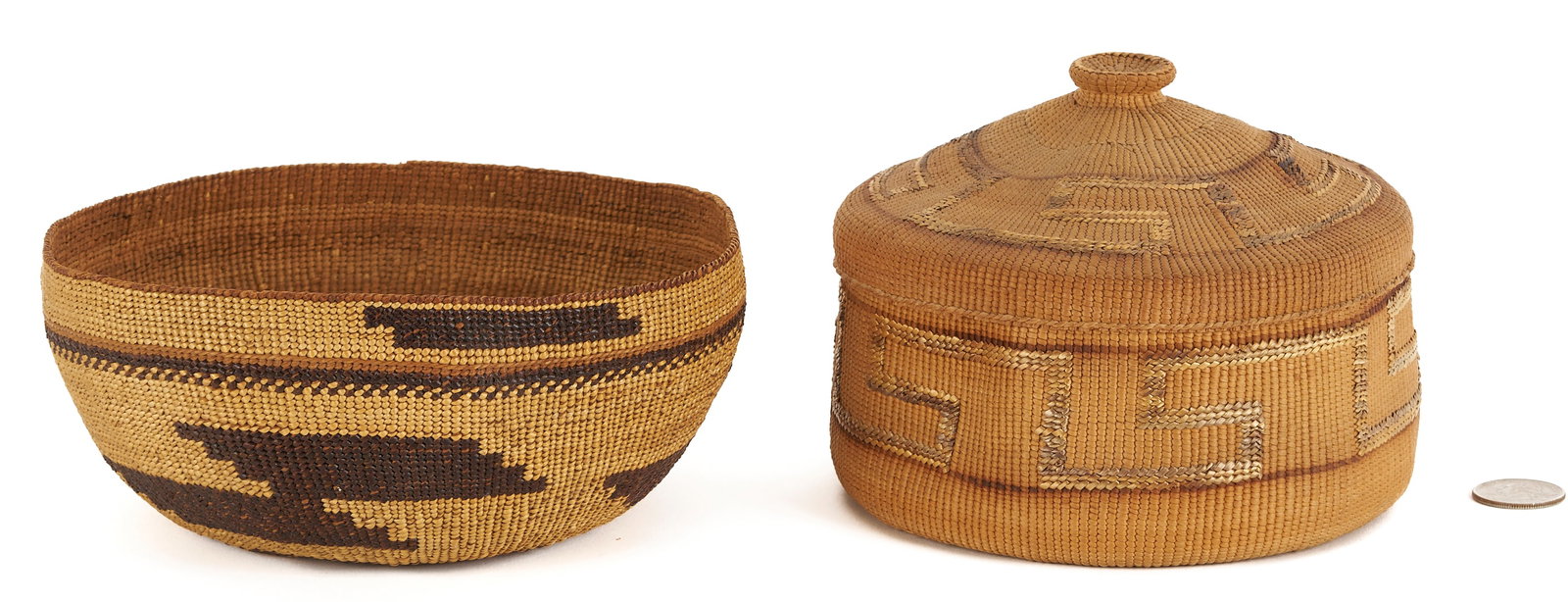 2 Northwest Coast Native American Baskets: Tlinglet & Hupa: Two (2) Northwest Coast Native American baskets. 1st item: Hupa Yurok basket in hat form with red and black dyed geometric designs. 2nd item: Northwest Coast Tlingit lidded work basket with rattle top