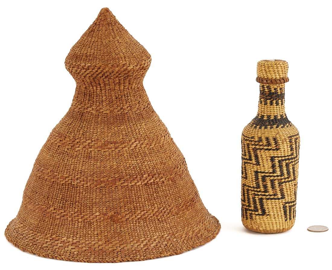 2 Native American Northwest Coast Nootka Items: 1st item: Northwest coast Nootka twined whaler's hat with a broad conical shape and knob at the top. The interior has an integral sweat band woven from wider strips to secure the hat in