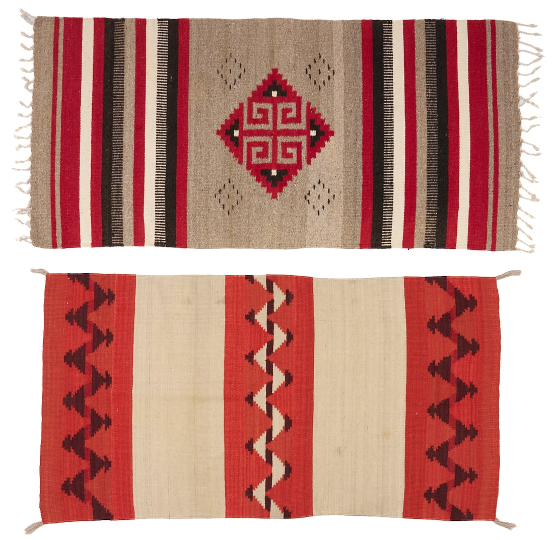 2 Native American Blankets or Weavings: Two (2) Native American Navajo wool rugs or weavings, including one Ganado pattern in colors of red, cream, tan, and black, and one Transitional form in colors of orange/red and tan/cream. 60 in. x 29