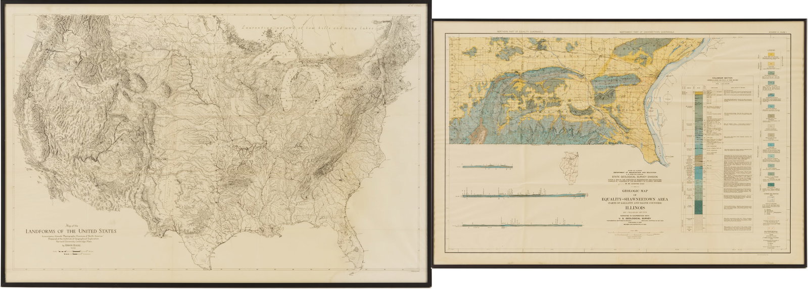 2 Geological Maps: Landforms of the US c. 1939 & Shawneetown IL c. 1928 (1 of 17)