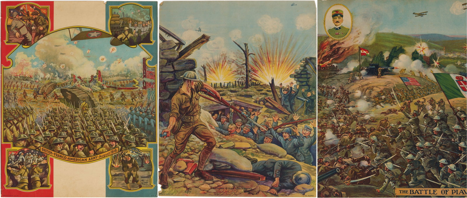 Three WW1 Posters; British Franco American Army, 18 Huns, Battle of Piave (1 of 20)