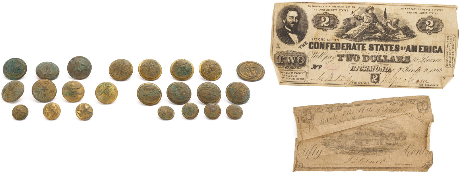 23 Military Buttons, incl. Confederate; plus 2 CSA Paper Currency Items (1 of 20)