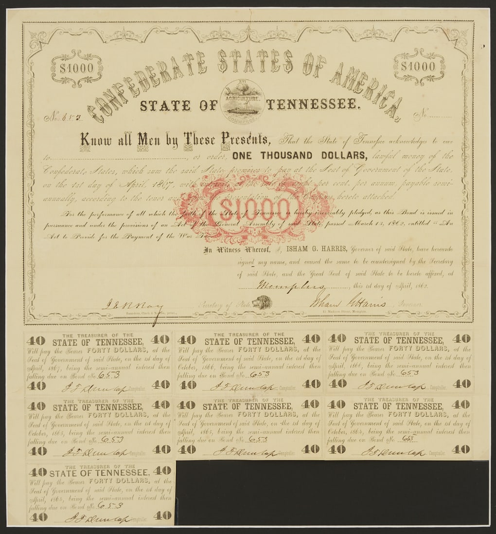 Isham Harris Confederate TN Governor Signed War Bond, 1862 (1 of 11)
