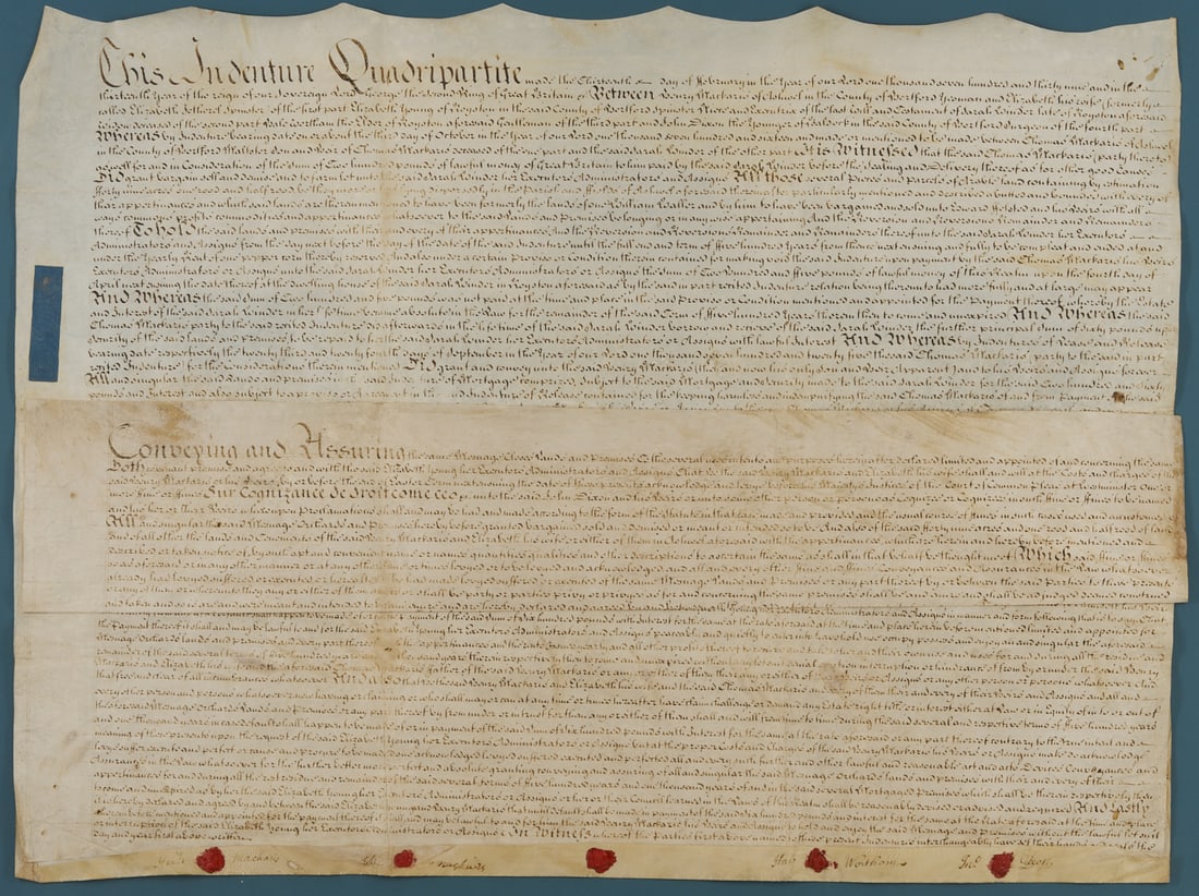 King George II-Era Stamped Indenture Quadripartite on Vellum, 1739 (1 of 12)