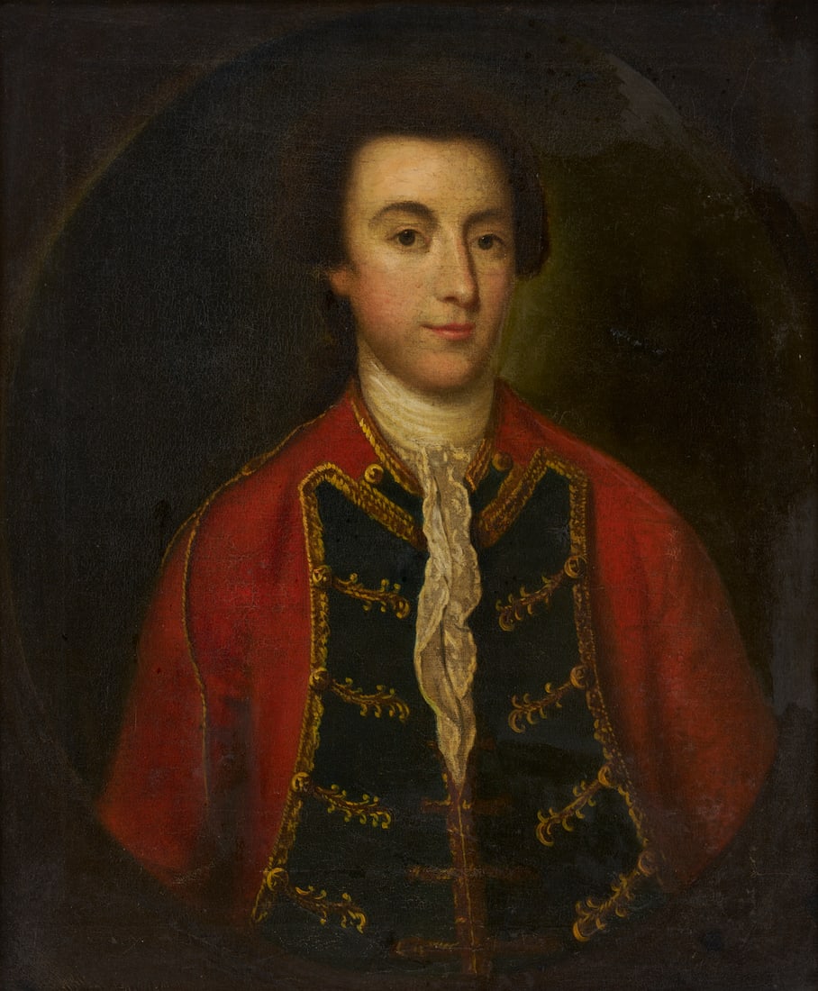 English School O/C Portrait of British Military Officer: English school, oil on canvas, half-length oval portrait of a young man in a red coat with navy blue lapels and gold braiding, possibly Revolutionary War-period. With Hiram Hoelzer, New York conservat