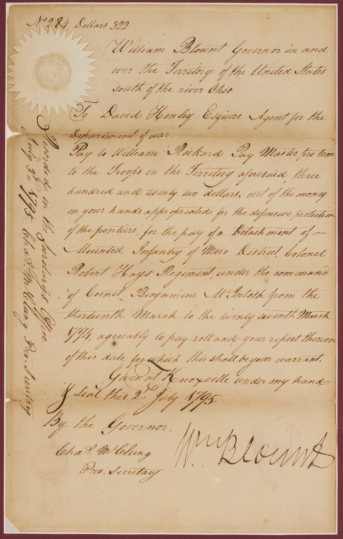 TN Territorial Governor William Blount Signed Document, 1795 (1 of 10)