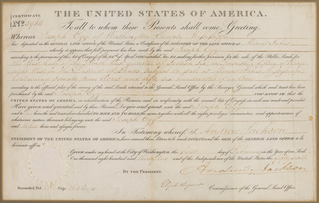 Andrew Jackson Signed Mississippi Land Grant, 1832 (1 of 9)