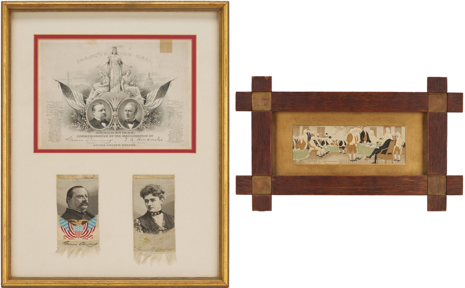 Grover Cleveland Framed Inaugural Invitation Plus Stevengraph: 1st item: President Grover Cleveland and Vice President J.A. Hendricks 1885 Inaugural Ball commemorative card, framed together with 2 silk ribbons picturing President Cleveland and his wife,